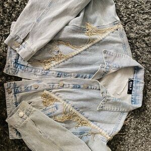 Chain-Accented Light Blue Denim Jacket